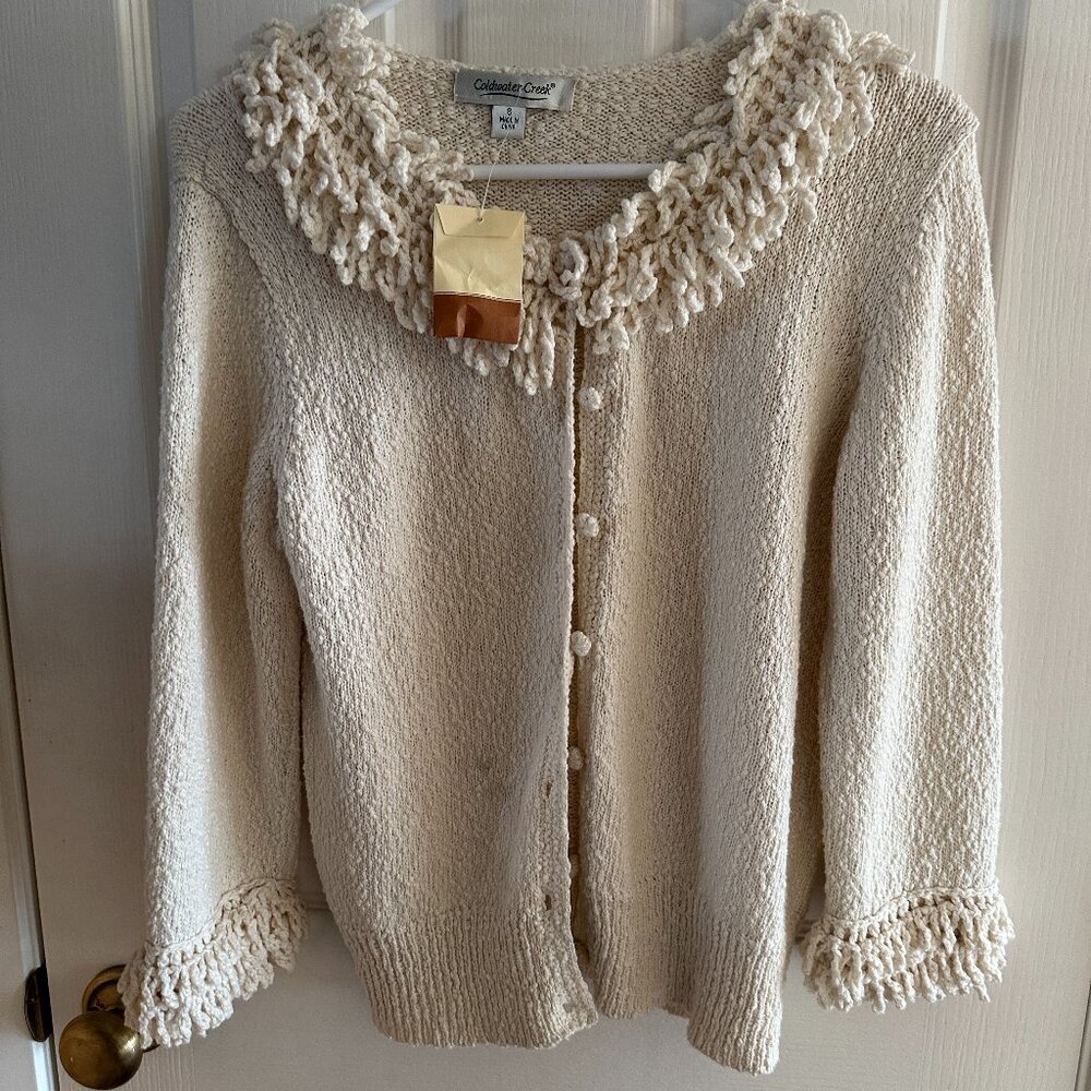 Coldwater Creek Cream Knit Cardigan with Fringe Trim